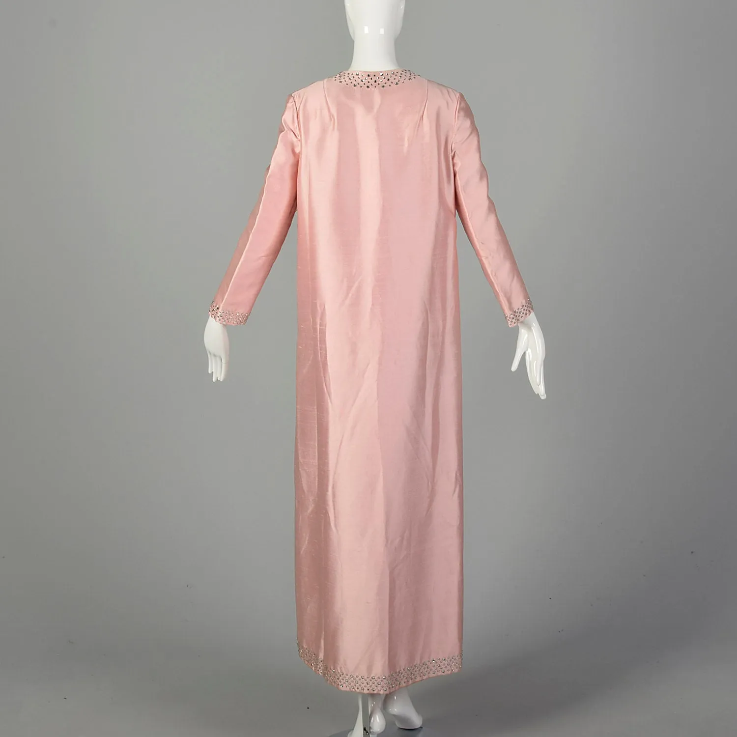 Medium 1960s Full Length Formal Pink Opera Coat with Rhinestone Trim