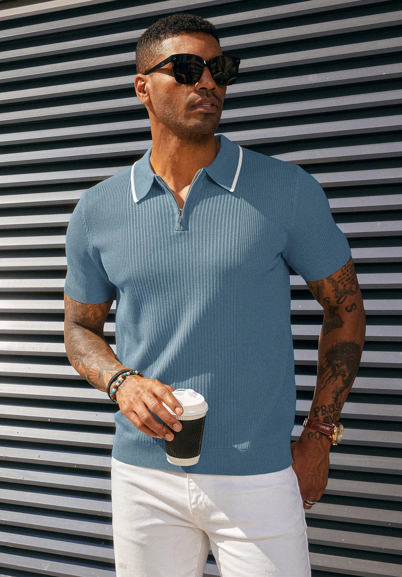 Men Stylish Lapel Collar Knitted Polo-Shirt Short Sleeve Zip-up Neck Knitwear