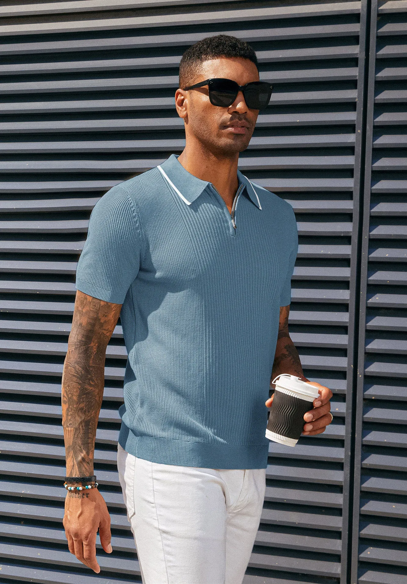 Men Stylish Lapel Collar Knitted Polo-Shirt Short Sleeve Zip-up Neck Knitwear