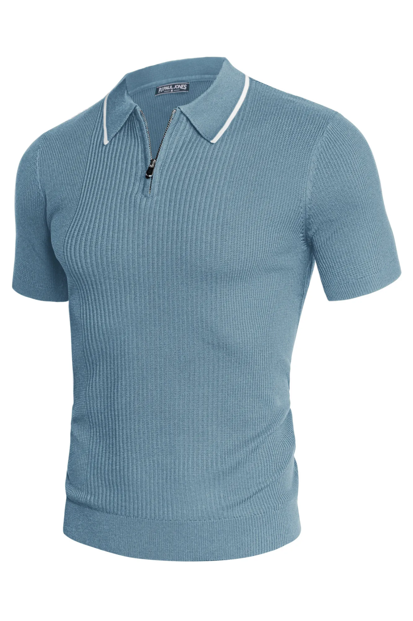 Men Stylish Lapel Collar Knitted Polo-Shirt Short Sleeve Zip-up Neck Knitwear