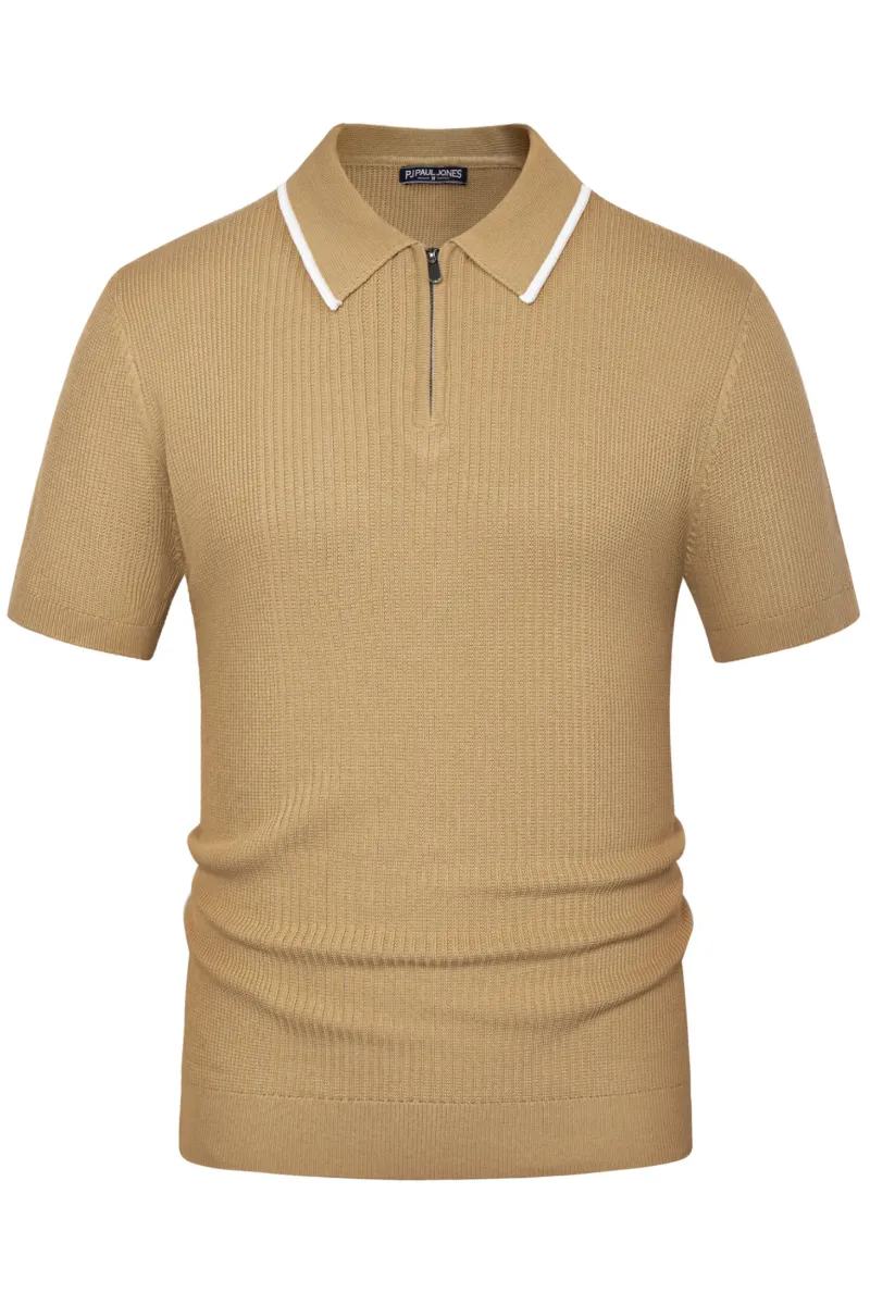 Men Stylish Lapel Collar Knitted Polo-Shirt Short Sleeve Zip-up Neck Knitwear