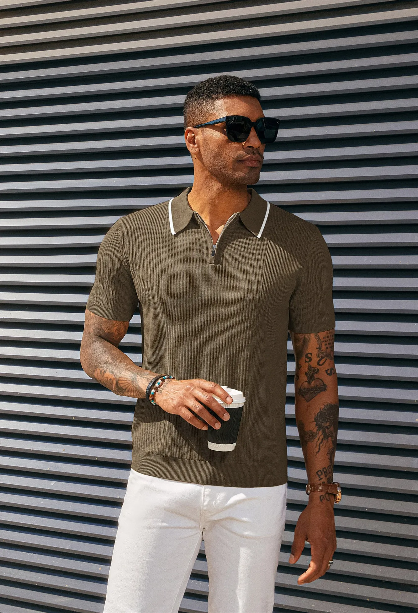 Men Stylish Lapel Collar Knitted Polo-Shirt Short Sleeve Zip-up Neck Knitwear