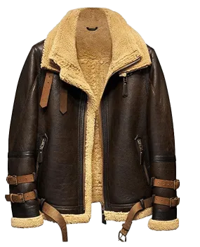 Men's Dunkirk Tom Hardy B3 Raf Real Sheepskin Sherling Brown Leather Jacket