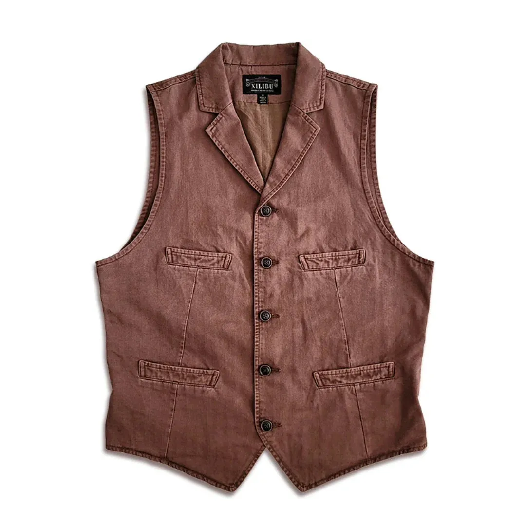 Men's Herringbone Cotton Slim Fit Suit Vest with Multi-pockets