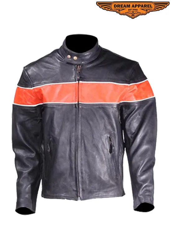 Mens Leather Jacket With One Orange Stripe