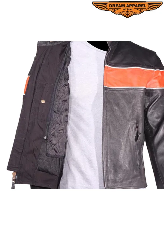 Mens Leather Jacket With One Orange Stripe