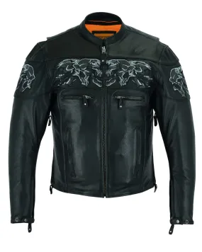 Mens Leather Jacket With Sleek Collar and Reflective Skulls & Gun Pockets Heavy Duty