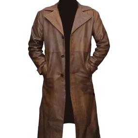 Men’s Waxed Brown Genuine Leather Trench Coat | Mens Waxed Brown Leather Trench Coat