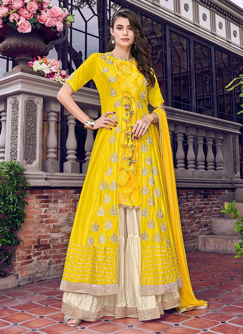 Mustard Yellow Embroidered Jacket Style Sharara Suit