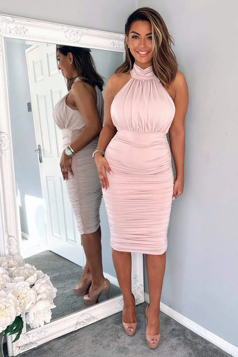 Nude Ruched High Neck Midi Dress