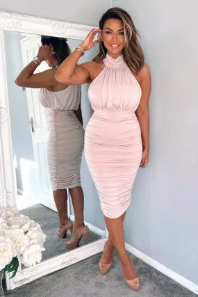 Nude Ruched High Neck Midi Dress