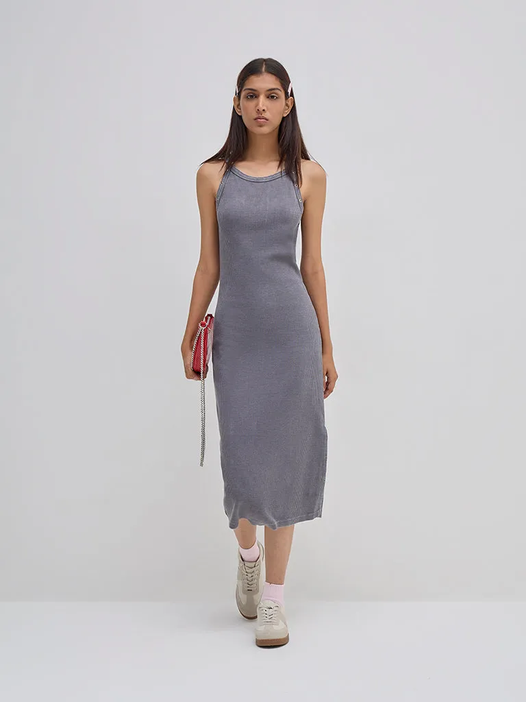 Nuon Grey Ribbed Textured Cotton Bodycon Dress