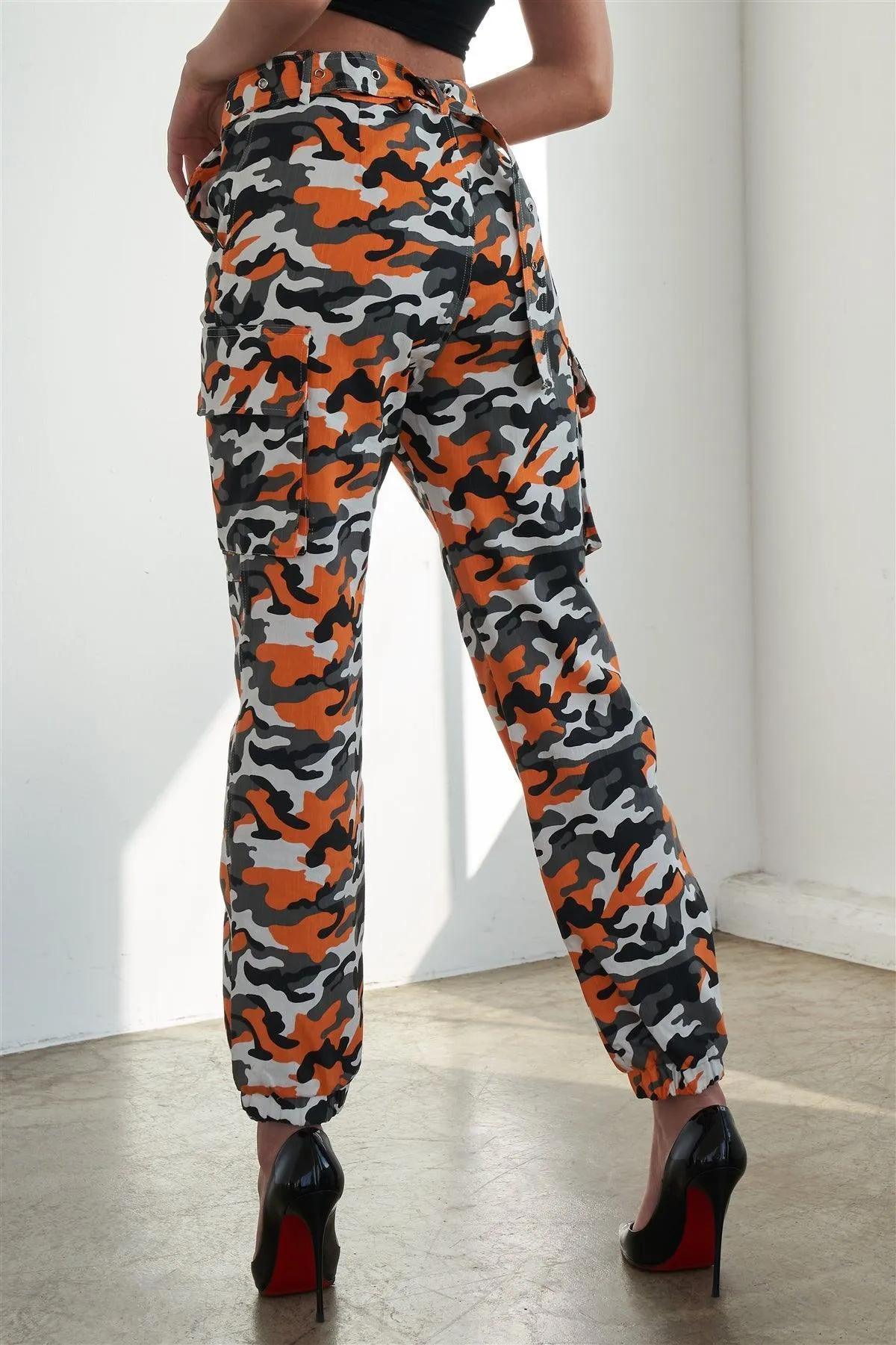 Orange Camo Belted High Waist Cargo Pants