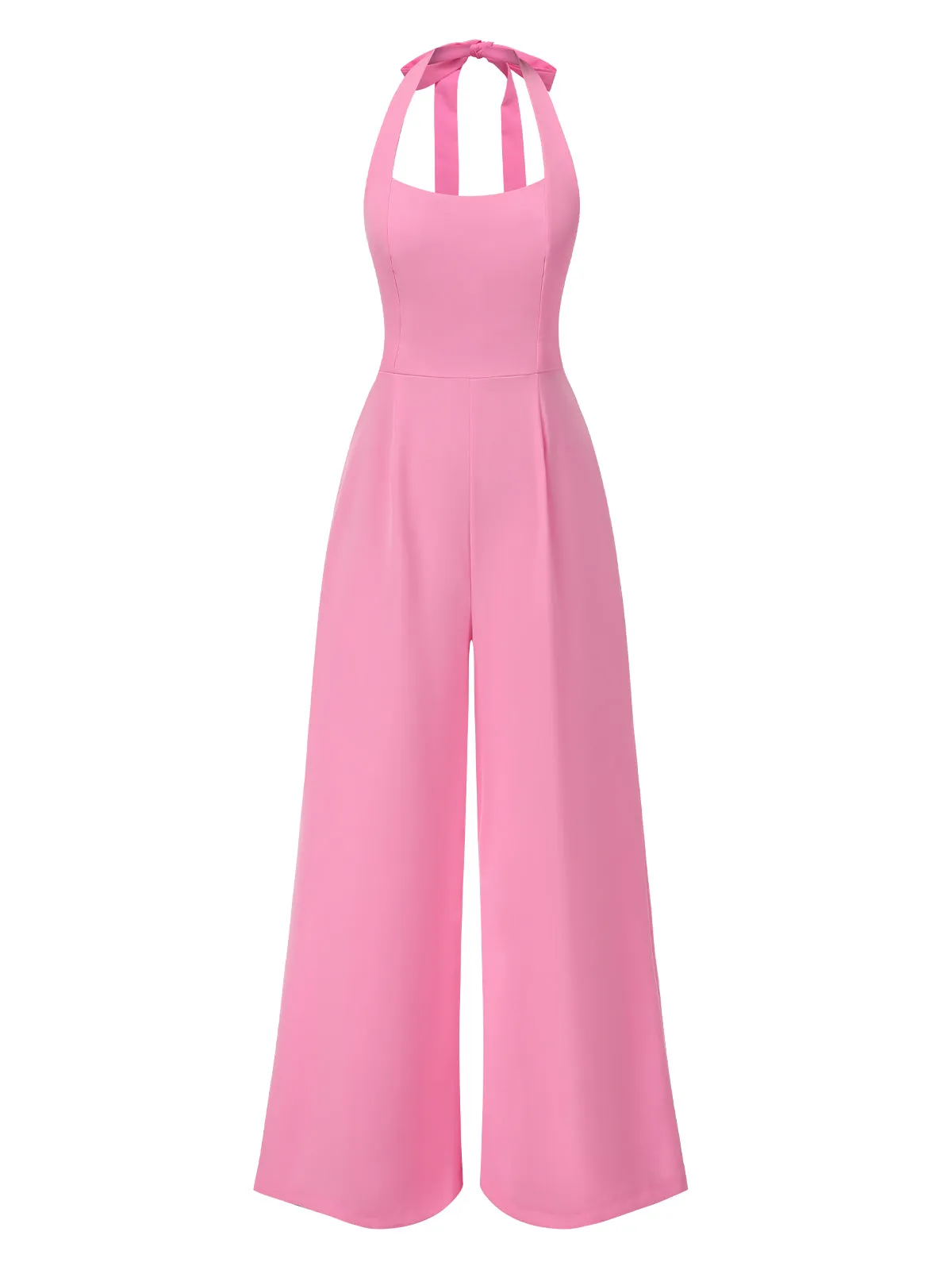 Pink 1950s Halter Solid Jumpsuit