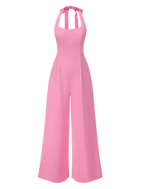 Pink 1950s Halter Solid Jumpsuit