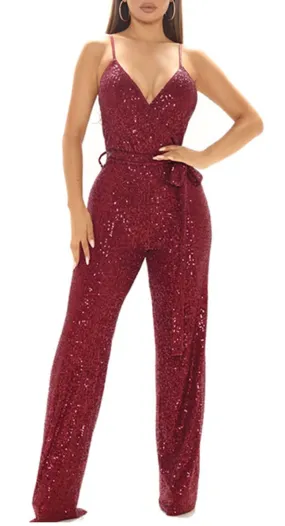 Red Sequin Glitter Sleeveless Jumpsuit