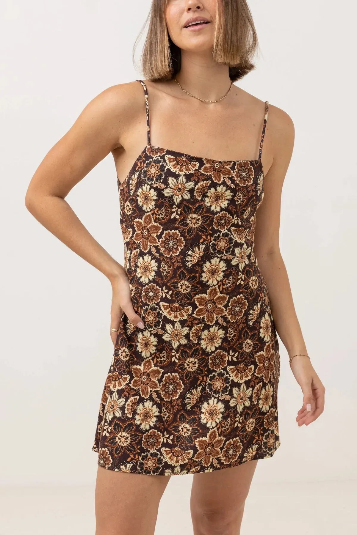 RHYTHM Women's Cantabria Floral Bias Mini Dress Brown