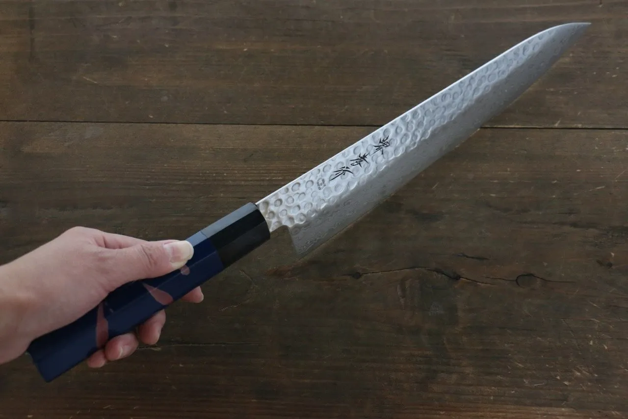 Sakai Takayuki AUS10 45 Layer Damascus Hammered Gyuto 240mm Blue Lacquered Handle with Sheath