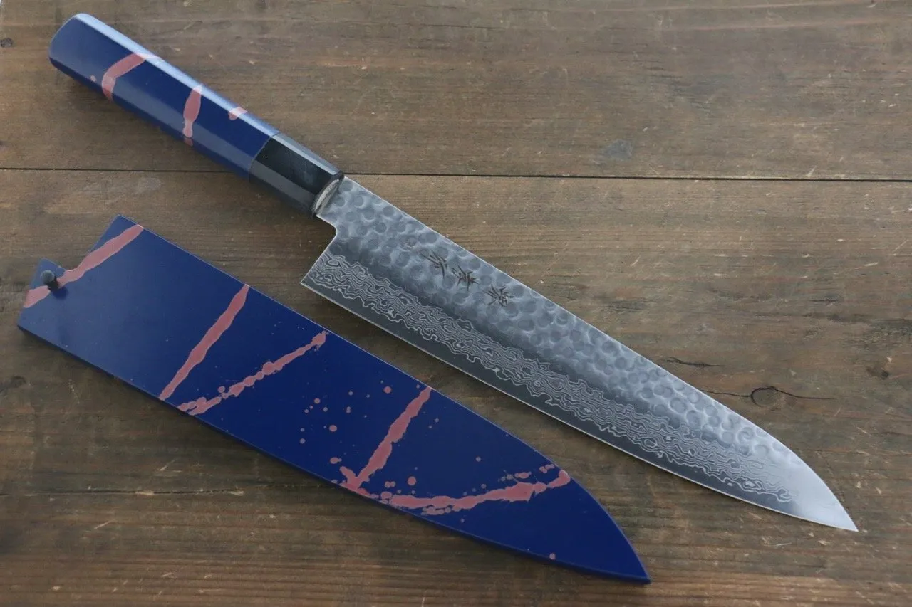 Sakai Takayuki AUS10 45 Layer Damascus Hammered Gyuto 240mm Blue Lacquered Handle with Sheath