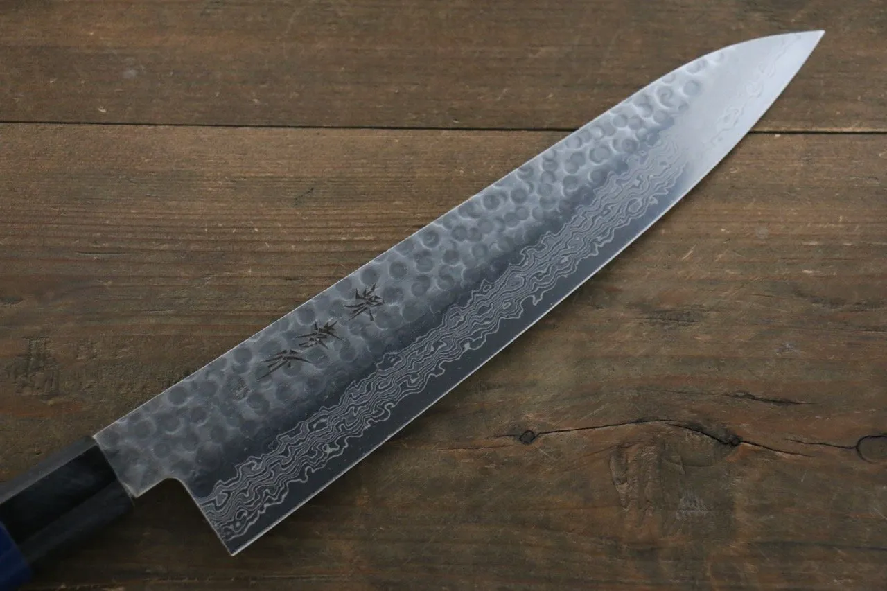 Sakai Takayuki AUS10 45 Layer Damascus Hammered Gyuto 240mm Blue Lacquered Handle with Sheath