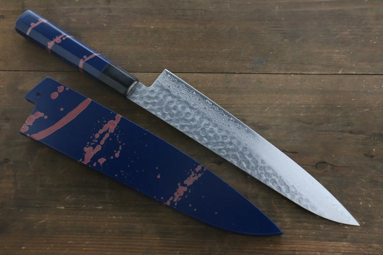 Sakai Takayuki AUS10 45 Layer Damascus Hammered Gyuto 240mm Blue Lacquered Handle with Sheath