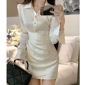 Satin Shirt Bodycon Hip-Hugging Polo Collar Dress