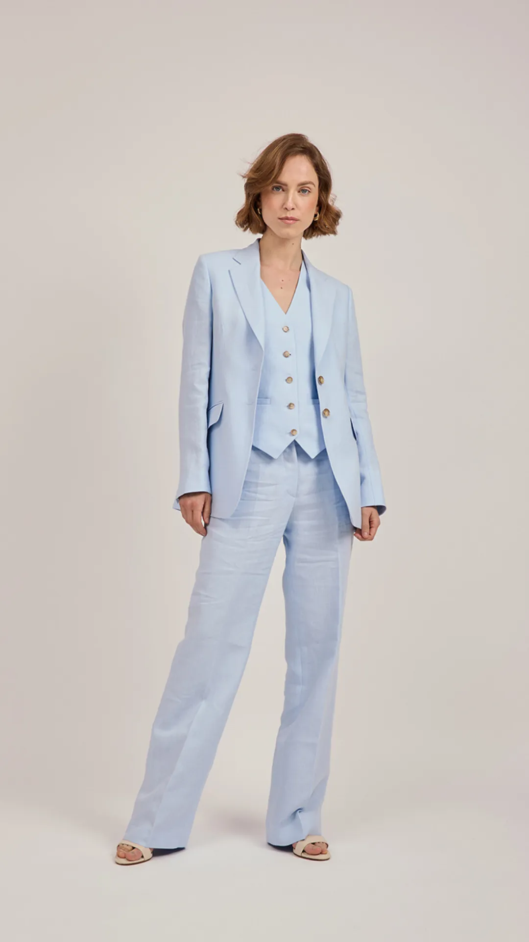 Single-Breasted Blazer in Sky Blue Linen by Anna James