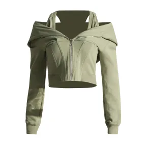 Solid Casual Short Sweatshirts For Women Hooded Long Sleeve Spliced Zipper Hollow Out Minimalist Sweatshirt Female Fashion