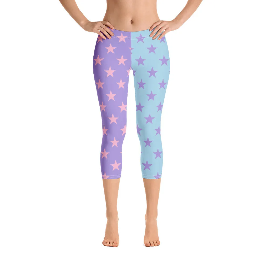 Star Capri Leggings, Color Block Pastel Purple Blue Pink Workout Party Gym Yoga Pants Mid High Rise