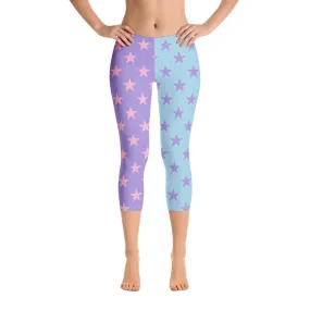 Star Capri Leggings, Color Block Pastel Purple Blue Pink Workout Party Gym Yoga Pants Mid High Rise