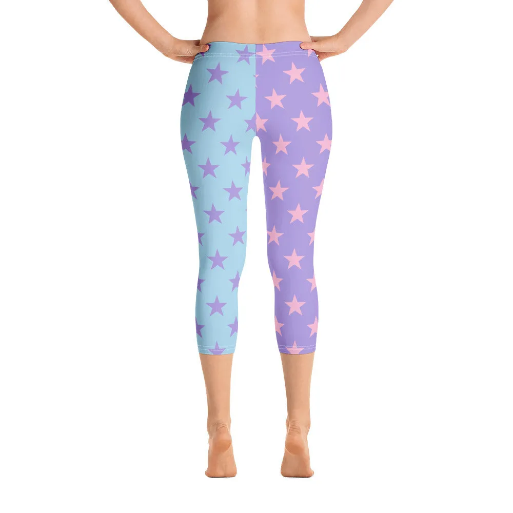 Star Capri Leggings, Color Block Pastel Purple Blue Pink Workout Party Gym Yoga Pants Mid High Rise