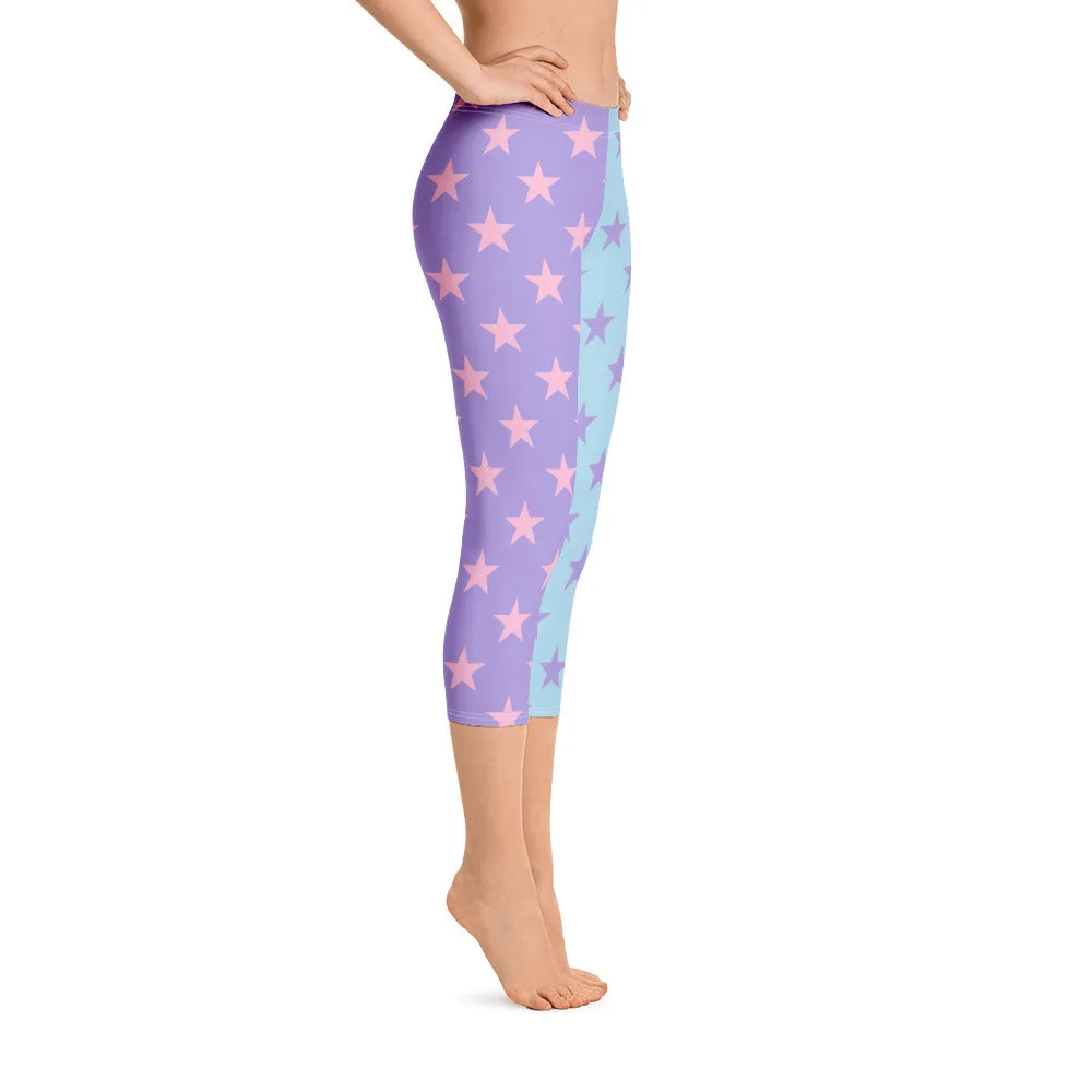 Star Capri Leggings, Color Block Pastel Purple Blue Pink Workout Party Gym Yoga Pants Mid High Rise