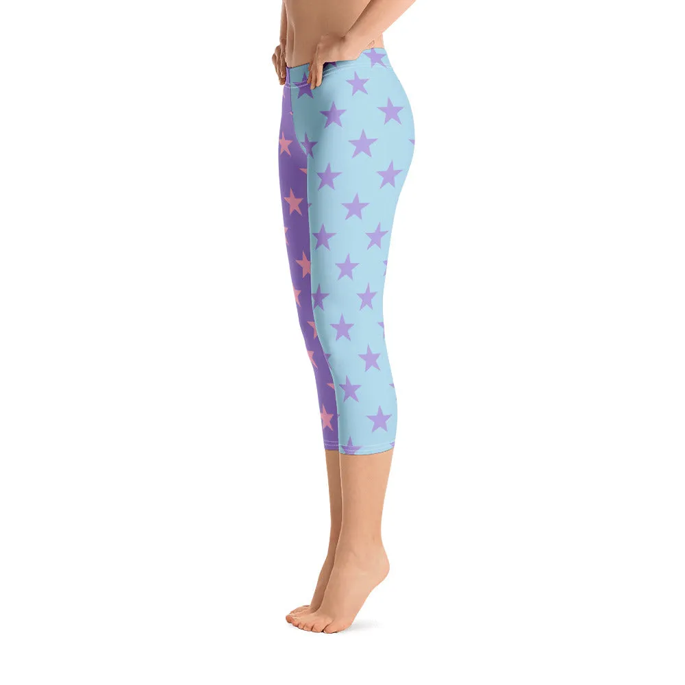 Star Capri Leggings, Color Block Pastel Purple Blue Pink Workout Party Gym Yoga Pants Mid High Rise