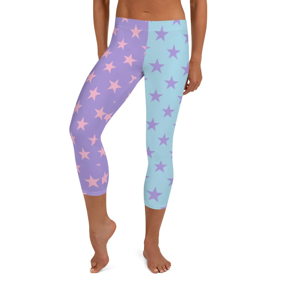 Star Capri Leggings, Color Block Pastel Purple Blue Pink Workout Party Gym Yoga Pants Mid High Rise