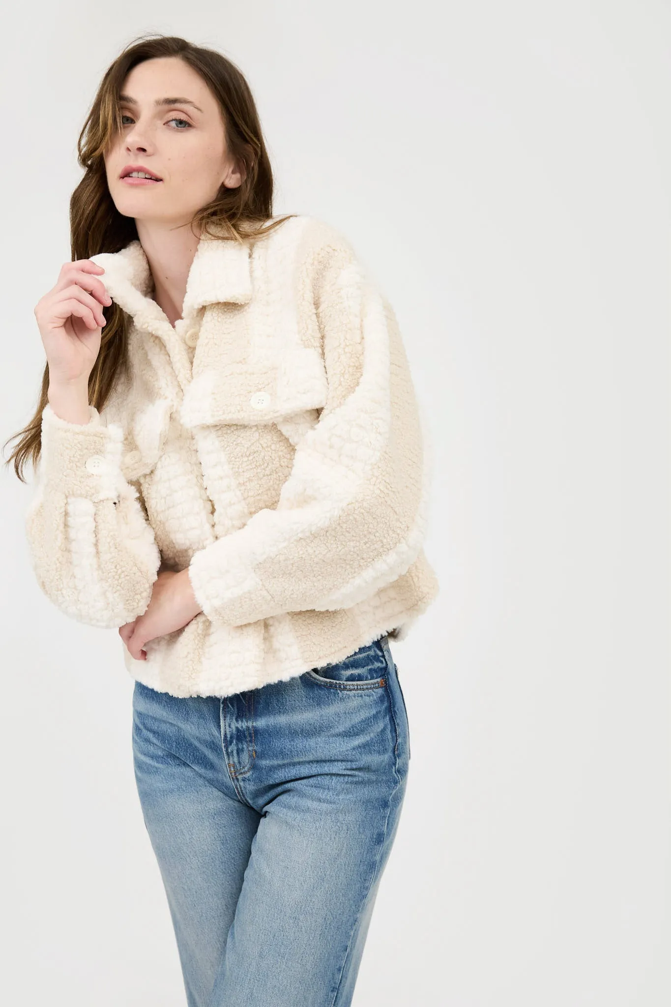 STRIPED TEXTURED FAUX SHEARLING JACKET