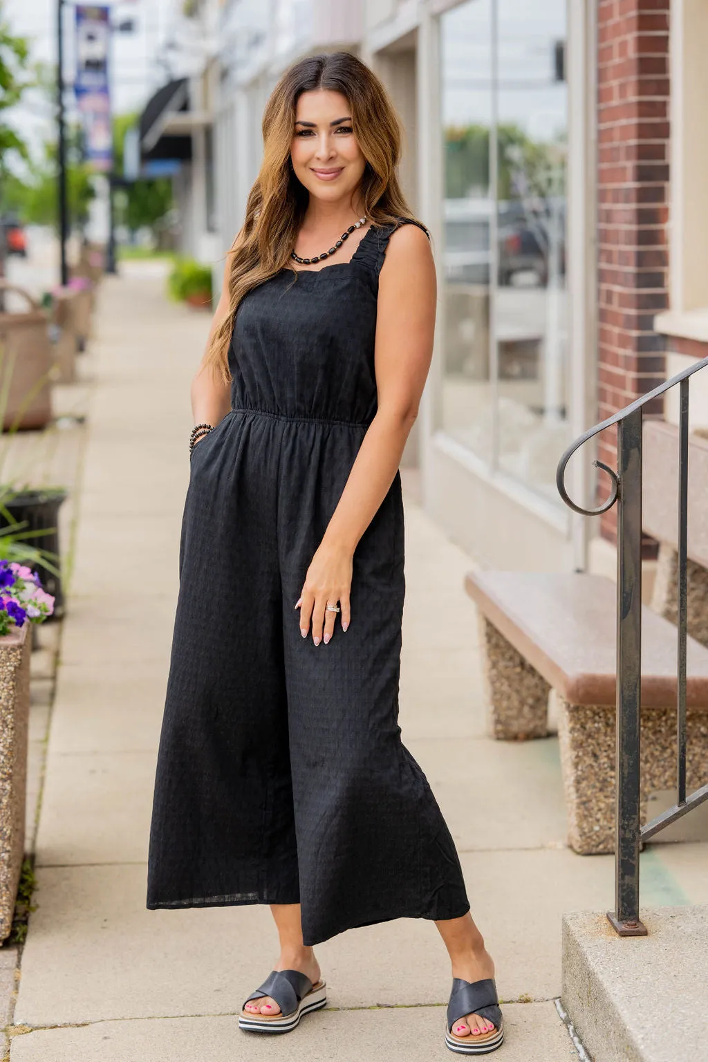 Subtle Textured Ruched Strap Jumpsuit