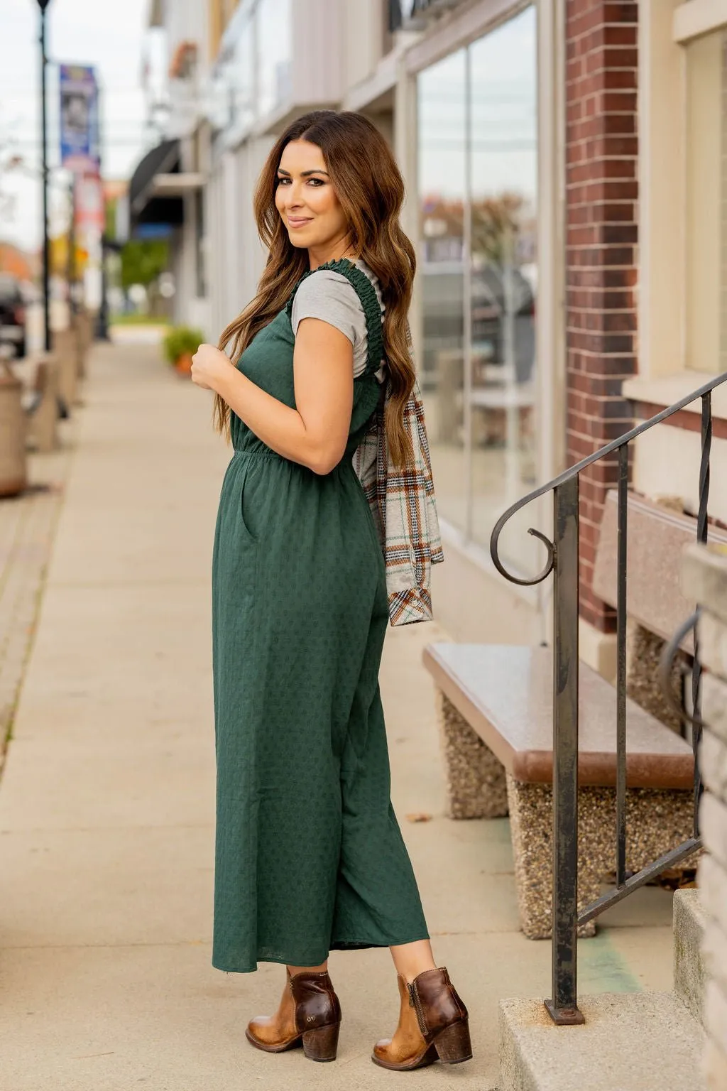 Subtle Textured Ruched Strap Jumpsuit