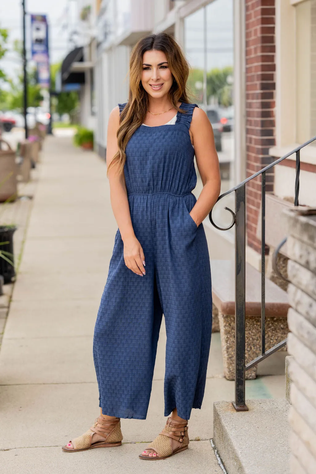 Subtle Textured Ruched Strap Jumpsuit