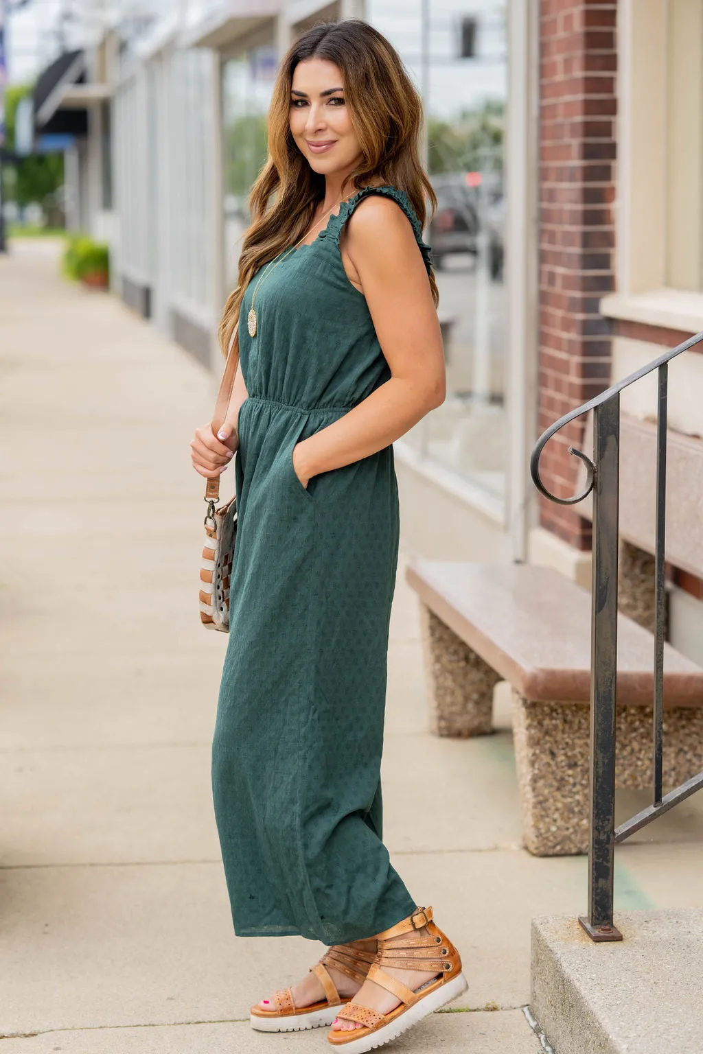 Subtle Textured Ruched Strap Jumpsuit