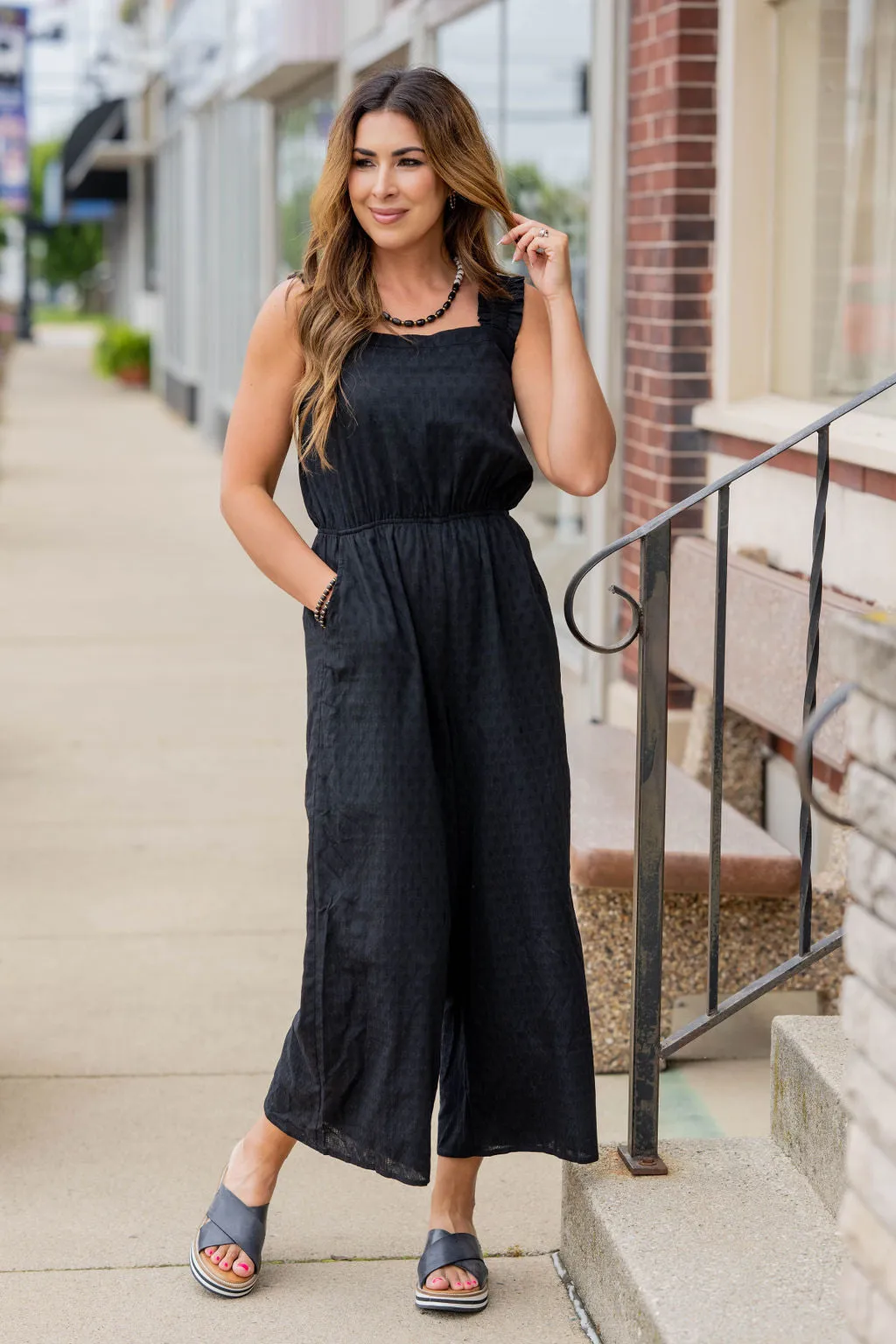 Subtle Textured Ruched Strap Jumpsuit