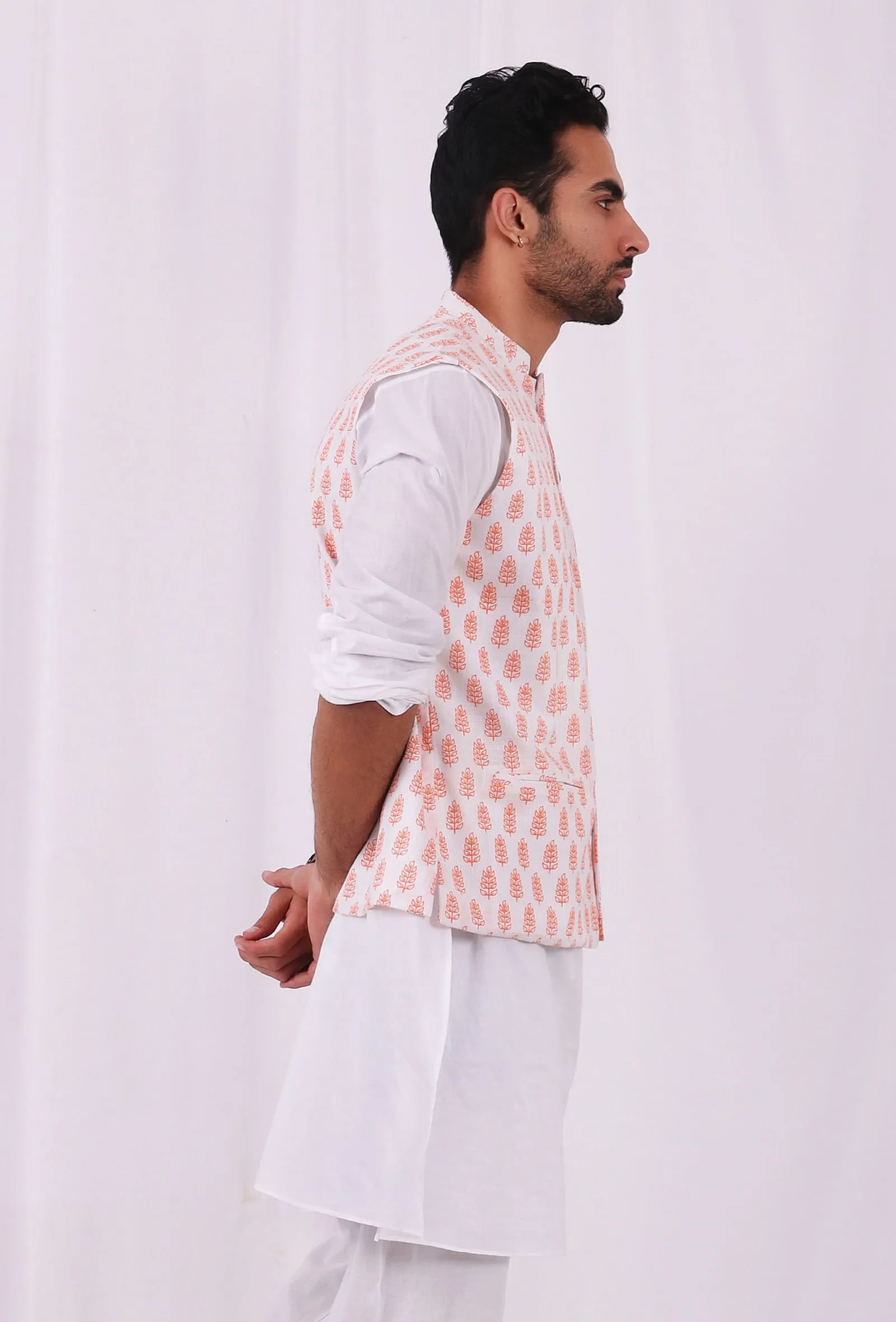 Tangerine Orange Hand Block Cotton Nehru Jacket