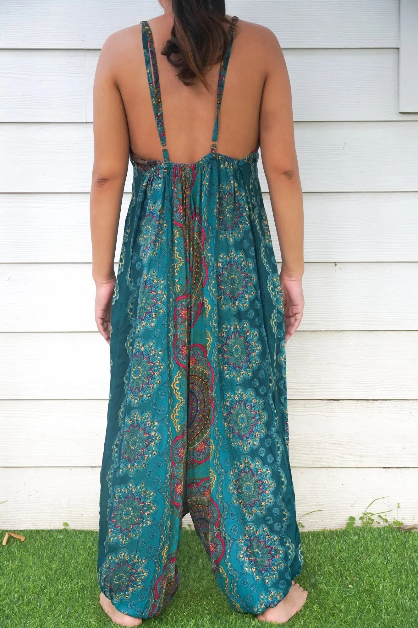 Teal Bohemian Mandala Summer Harem Romper - Stylish Festival Jumpsuit