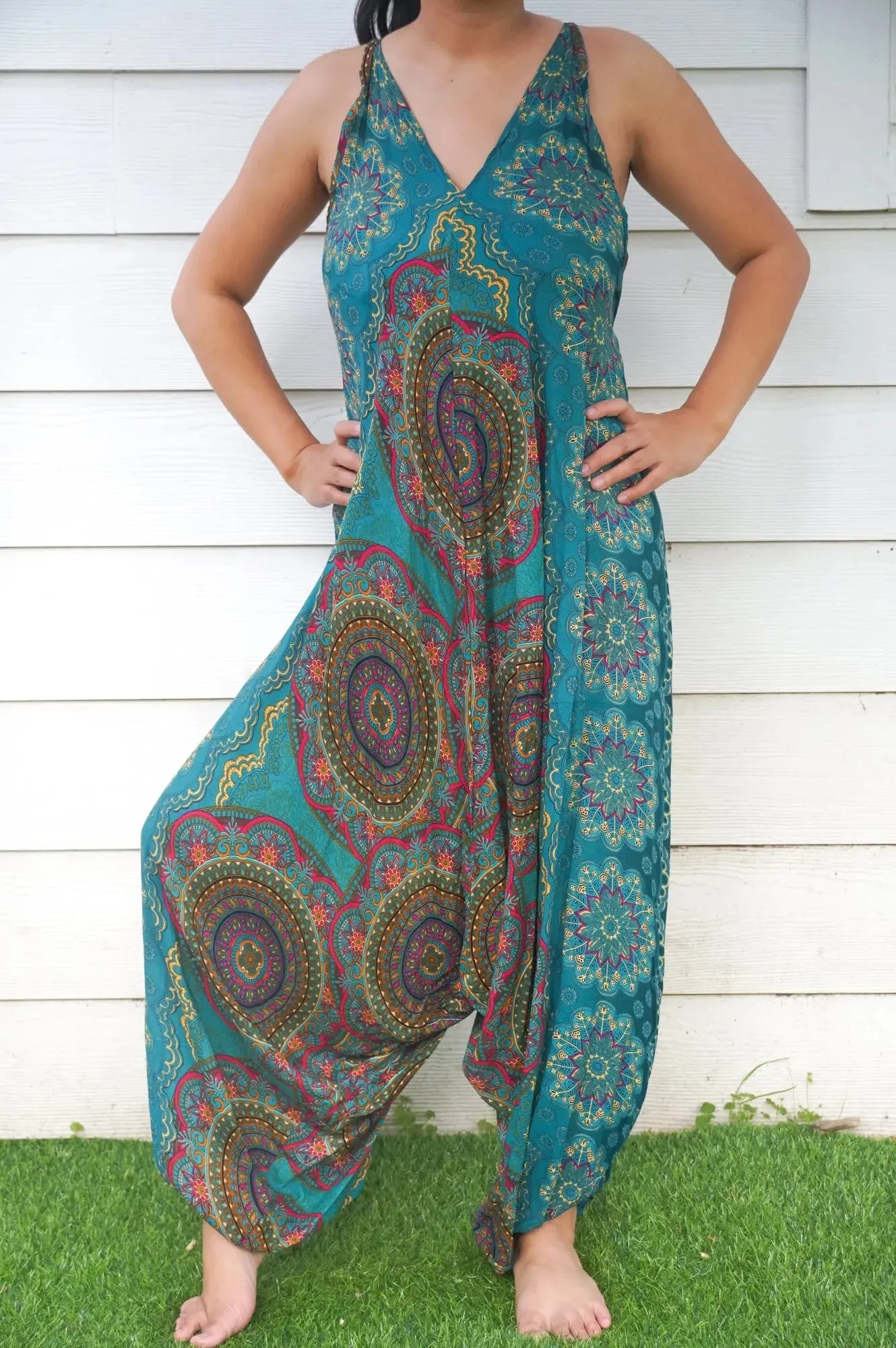 Teal Bohemian Mandala Summer Harem Romper - Stylish Festival Jumpsuit