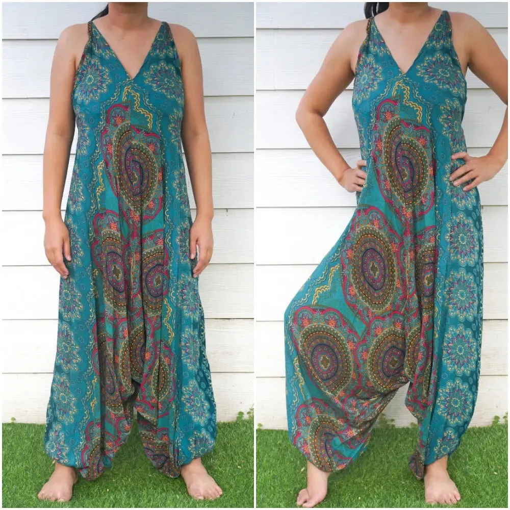 Teal Bohemian Mandala Summer Harem Romper - Stylish Festival Jumpsuit