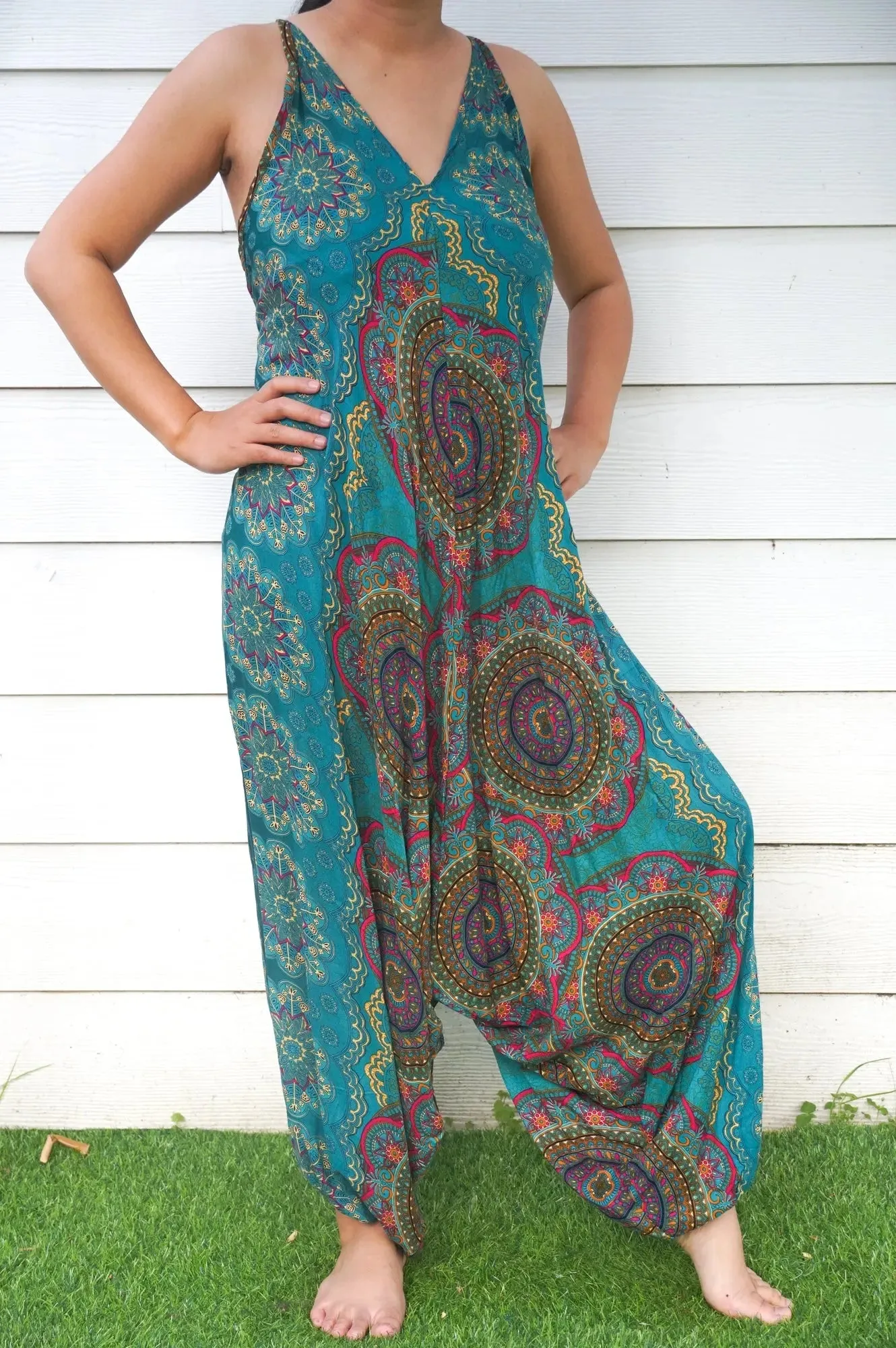 Teal Bohemian Mandala Summer Harem Romper - Stylish Festival Jumpsuit