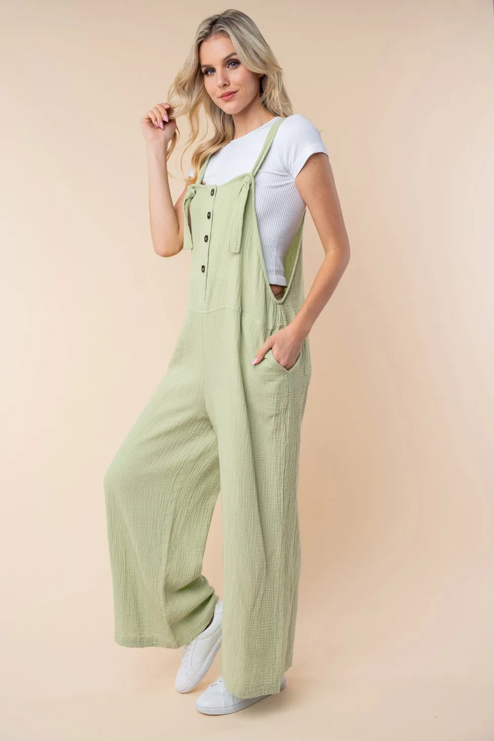 Texture Sleeveless Wide Leg Jumpsuit in Sage