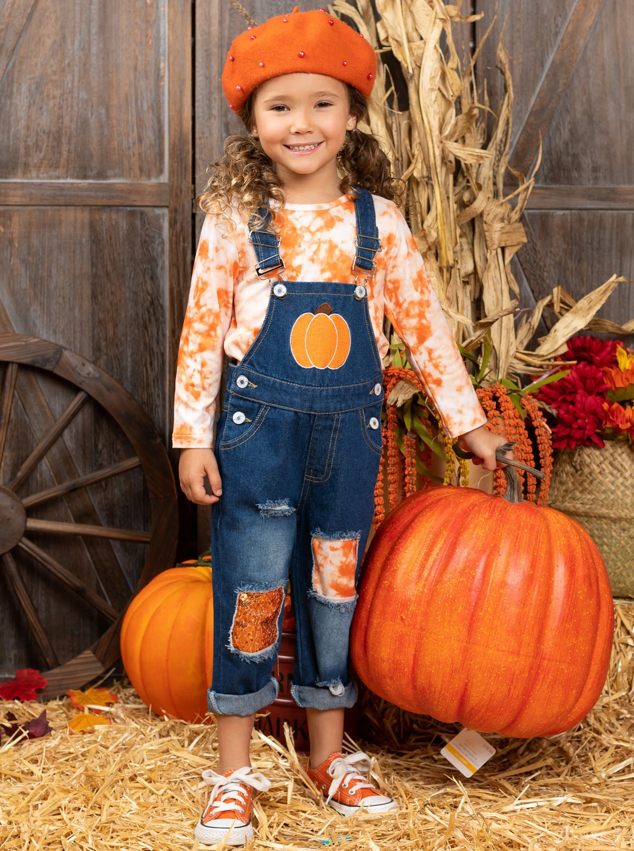 Tie Dye Pumpkin Patched Denim Overall Set