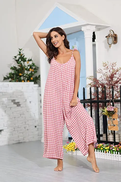 Travel Style Red Plaid Sleeveless Loose Fit Jumpsuit