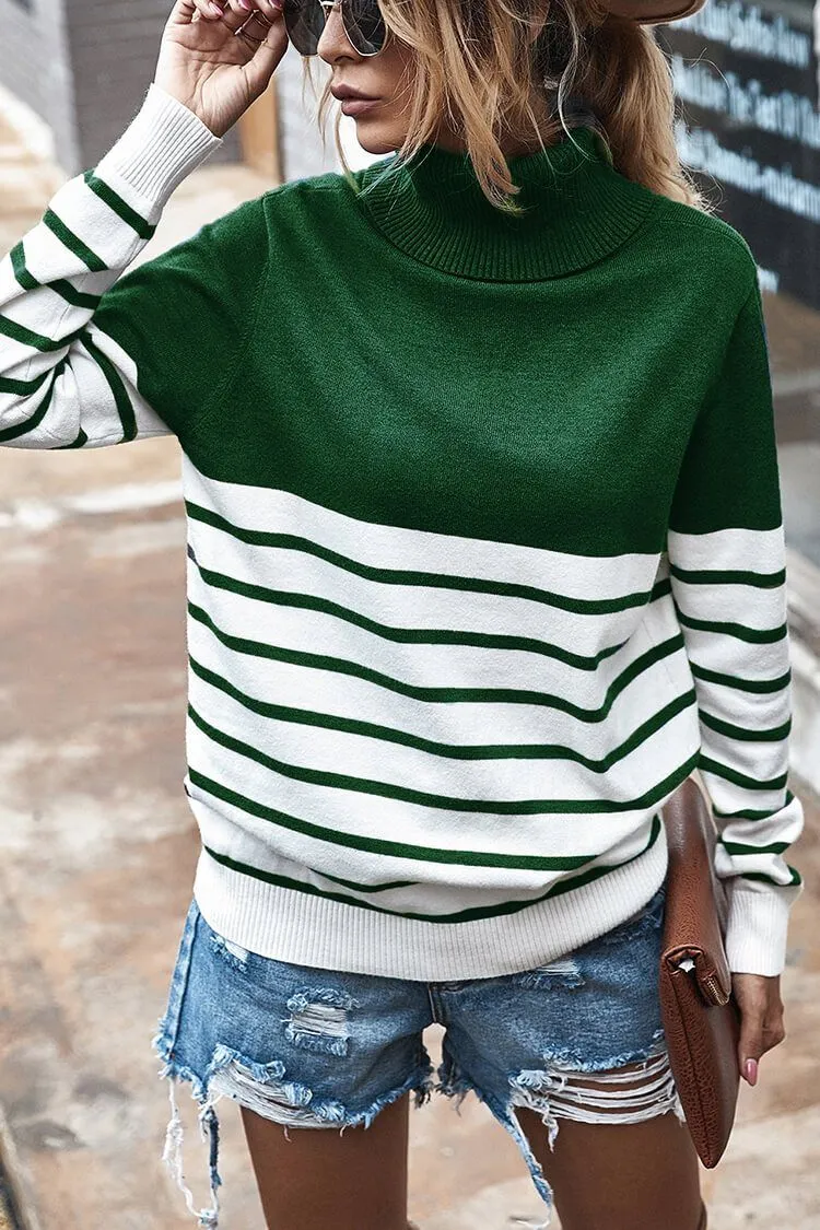 Turtleneck Knitted Stripe Color Block Oversized Sweater