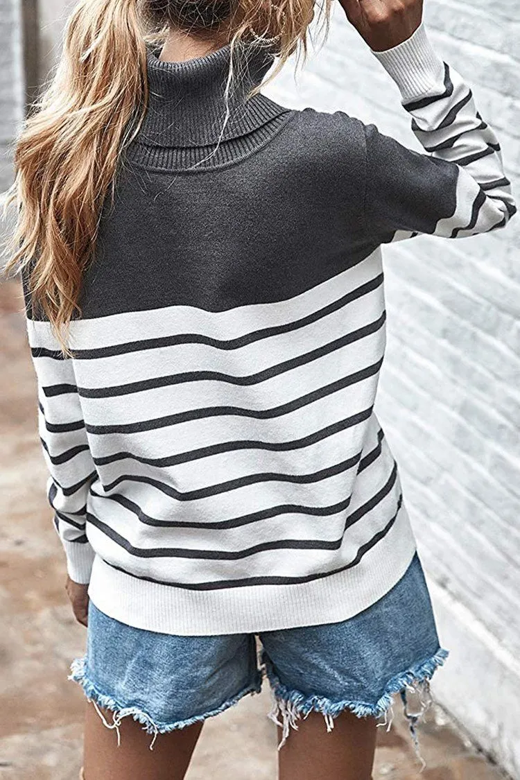 Turtleneck Knitted Stripe Color Block Oversized Sweater